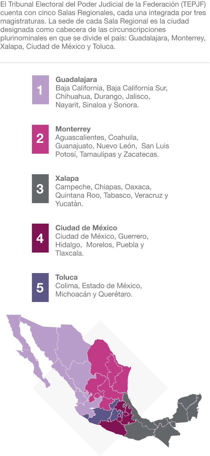 El Tribunal Electoral del Poder Judicial de la Federación (TEPJF) cuenta con cinco Salas Regionales, cada una integrada por tres magistraturas. La sede de cada Sala Regional es la ciudad designada como cabecera de las circunscripciones plurinominales en que se divide el país: Guadalajara, Monterrey, Xalapa, Ciudad de México y Toluca.