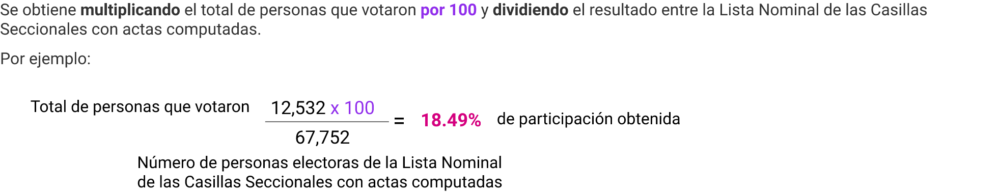 Se obtiene multiplicando el total de personas que votaron por 100 y dividiendo el resultado entre la Lista Nominal de las Casillas Seccionales con actas computadas.